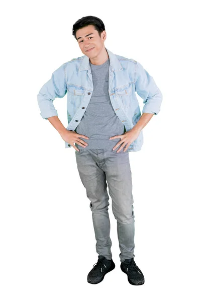 Full Length Teenage Boy Smiling Camera While Standing Studio Isolated — 스톡 사진