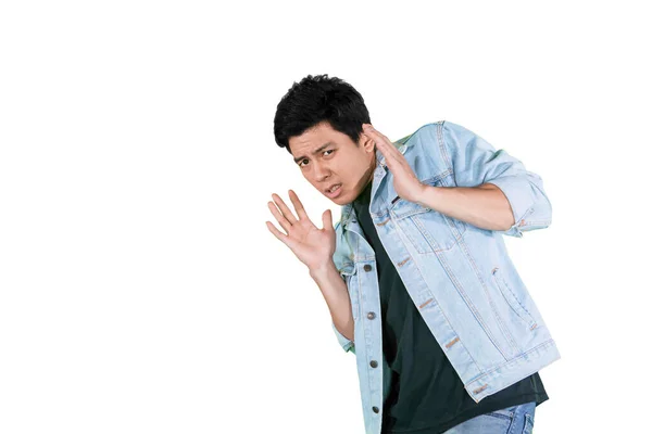 Young Man Expressing Scary While Standing Studio Isolated White Background — 스톡 사진