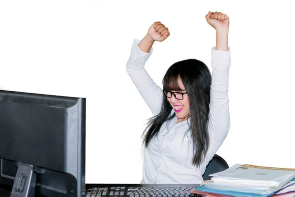 Businesswoman Expressing Her Success While Looking Computer Monitor Table Sitting — Zdjęcie stockowe