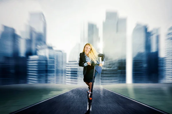 Happy Businesswoman Riding Kick Scooter Fast Motion Background — Foto Stock