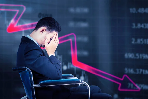 Side View Disabled Businessman Looks Depressed While Sitting Wheelchair Declining — Fotografia de Stock