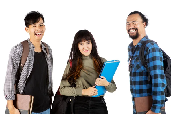 Group College Students Smiling Camera While Standing Studio Isolated White — Stock Photo, Image