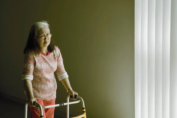 Senior Woman Walking Walker Recovering Stroke Disease Home — Stock Fotó