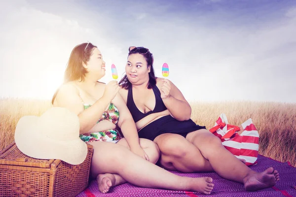 İki şişman kadın yaz tatilinin tadını çıkarırken dondurma yiyorlar ve arka planda güneş ışığıyla çayırda oturuyorlar.