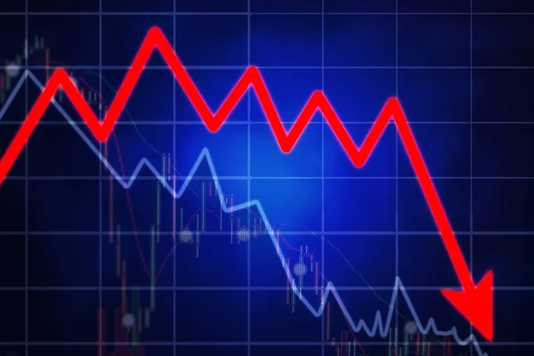 Declining Red Arrow Falling Stock Market Candlestick Chart Virtual Screen — Stock Photo, Image