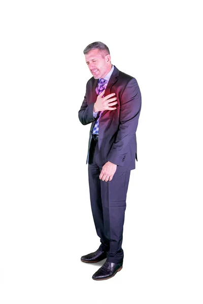 Erkek Menajer Stüdyoda Dururken Kalp Krizi Geçiriyor Beyaz Arkaplanda Izole — Stok fotoğraf