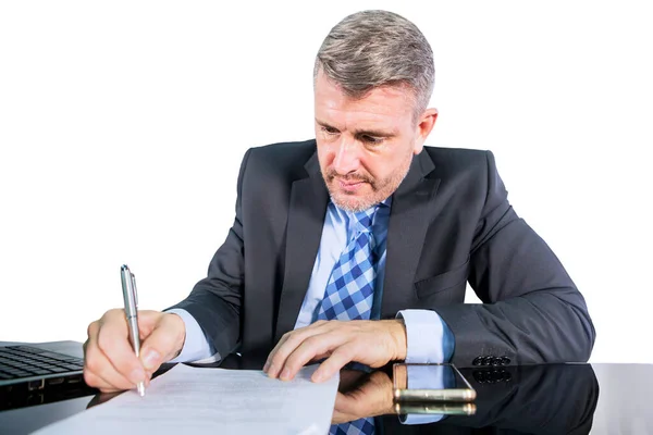 Close Male Manager Signing Document While Working Laptop Computer Studio — Stock Photo, Image