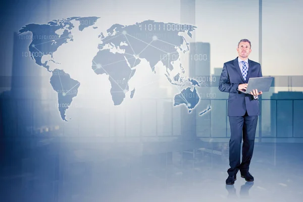 Businessman Looking World Map Connection Network While Using Laptop — Stock Photo, Image