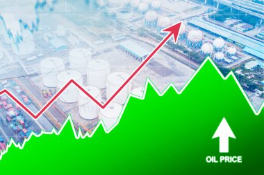 Artan petrol depolama tankları arka planında petrol fiyatları okunun resmi