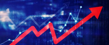 Kod ikili arkaplan ile siber uzayda yukarı doğru ok ve büyüme finans tablosu