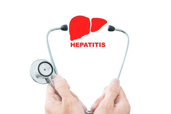 Közelkép Orvos Kezéről Amint Sztetoszkópot Tart Hepatitisz Szóval Fehér Alapon — Stock Fotó