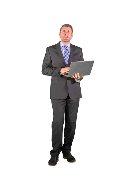 Full Length Male Manager Thinking Idea While Using Laptop Studio — Stock Photo, Image