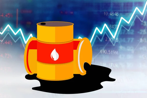 Close up of two oil drums with growth price chart in the virtual screen background