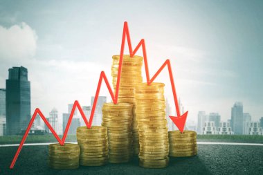 Yığınlanmış altın sikkelerin ve şehir planına sahip düşen okların resmi