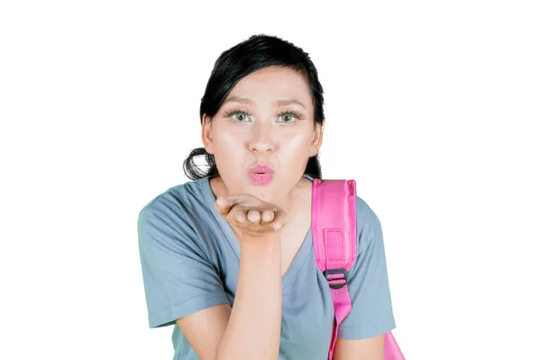 Female College Student Sending Air Kiss Camera While Standing Studio — Stock Photo, Image