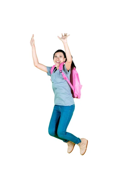 Female Student Jumping Excited Expression Studio Isolated White Background — Stockfoto