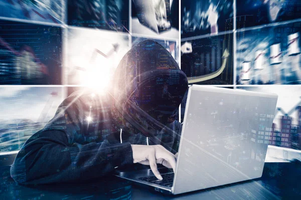 Double Exposure Hooded Hacker Using Laptop While Sitting Blurred Virtual — Stock Photo, Image