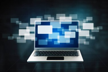 Sanal ekran arka planına sahip çok sayıda bulut konuşma kabarcığını gösteren dizüstü bilgisayarın resmi