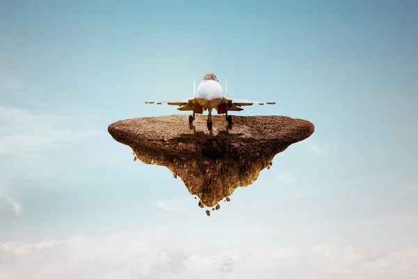 Imagen Avión Reacción Isla Flotante Con Fondo Azul Del Cielo — Foto de Stock