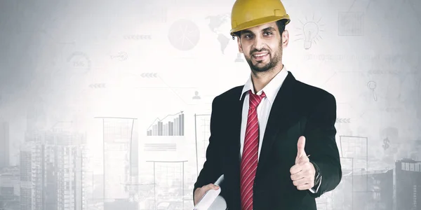 Male Architect Showing Thumb Camera While Standing Cityscape Doodles Background — Stock Photo, Image