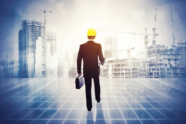 Back View Male Engineer Holding Blueprint While Walking Construction Site — Stock Photo, Image