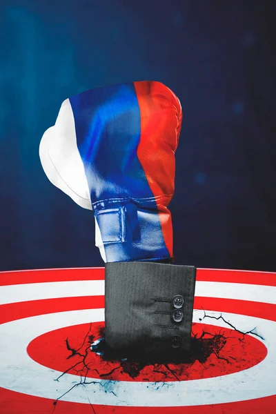 Close Businesswoman Hand Wearing Boxing Gloves Russia Flag While Punching — Stockfoto