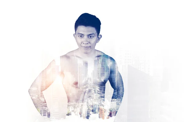 Double Exposure Muscle Young Man Looks Confident While Standing Cityscape — Stock Photo, Image