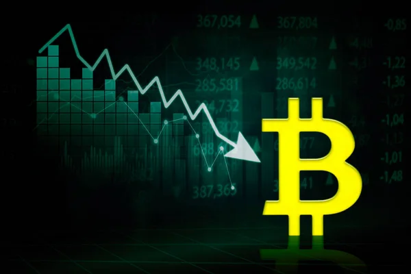 Fechar Símbolo Bitcoin Com Gráfico Preços Declínio Ciberespaço Com Fundo — Fotografia de Stock