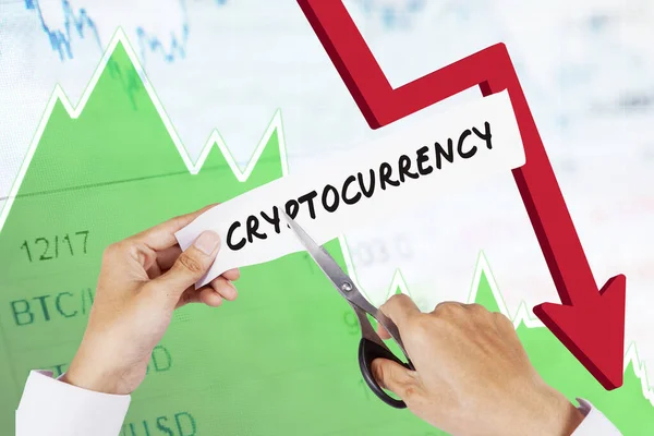 Close Businessman Hands Cutting Cryptocurrency Word Paper Declining Price Chart — Stockfoto