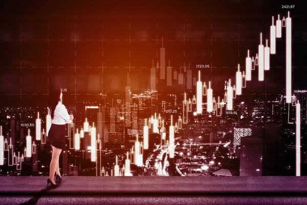 Rear View Businesswoman Looking Declining Candlesticks Chart While Standing Rooftop — Stock Photo, Image