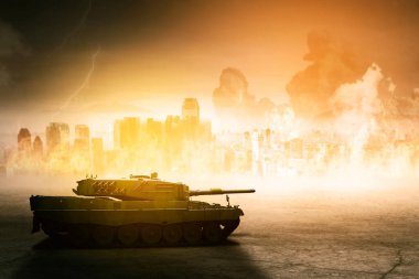 Side view of military tank moving in the war field with burning city background