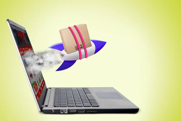 Side View Rocket Delivering Package Box While Flying Fast Online — Stock Photo, Image