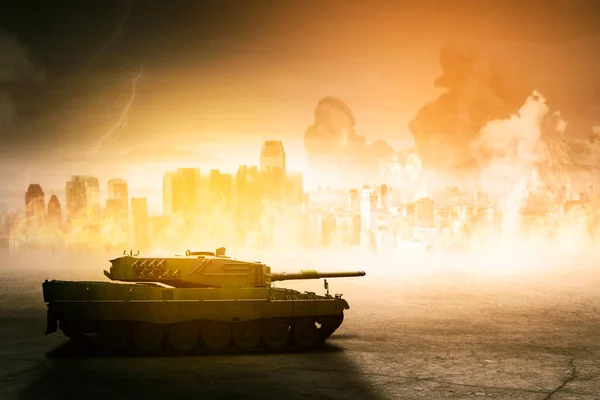 Side View Military Tank Moving War Field Burning City Background — Fotografia de Stock