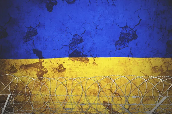 Ukrajina Národní Vlajka Grunge Pozadí Ostnatý Drát — Stock fotografie