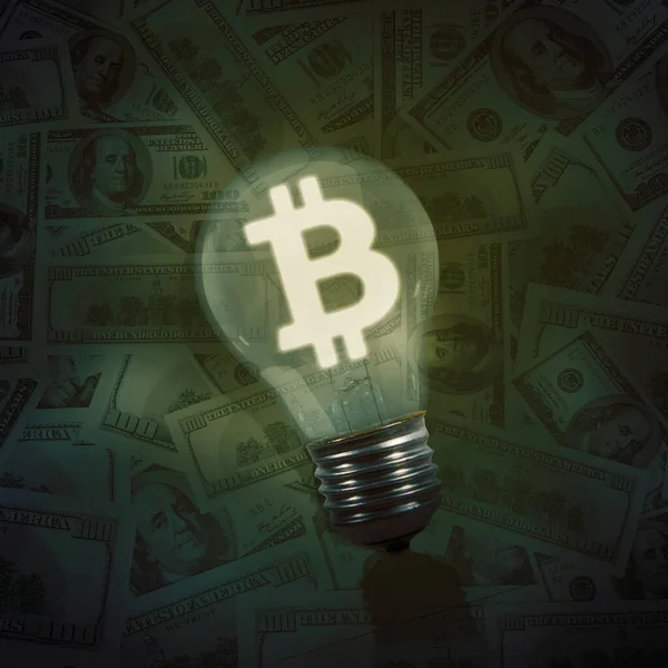 Close Bright Bitcoin Symbol Light Bulb Piles Money — Foto de Stock