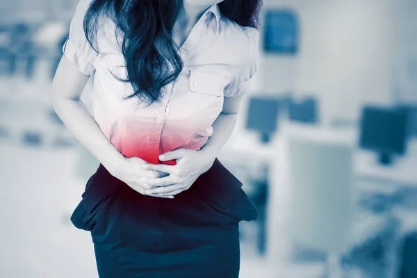 Close Businesswoman Suffering Abdominal Pain While Standing Office — Stock Photo, Image