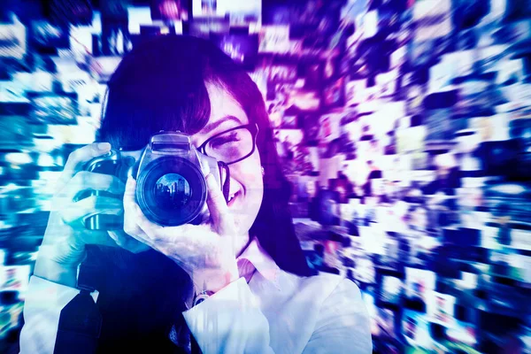 Young Businesswoman Using Digital Camera While Standing Cyberspace Blurred Virtual — Stockfoto