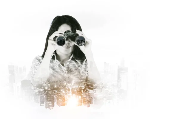 Double Exposure Female Manager Looking Binoculars While Standing Modern City — Stok fotoğraf