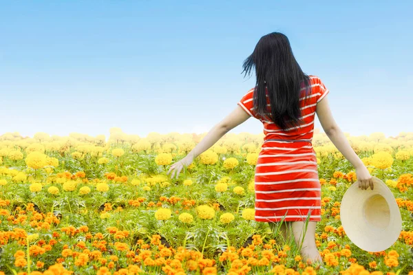 Rear View Young Woman Enjoying Leisure Time While Walking Flower — Stock Photo, Image