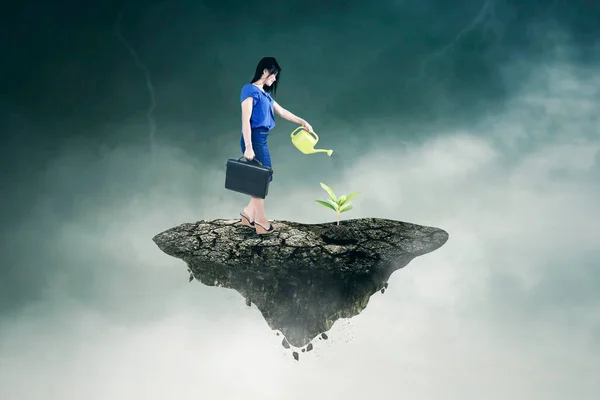 Businesswoman Watering Plants While Standing Floating Island Cloudy Sky Background — 스톡 사진