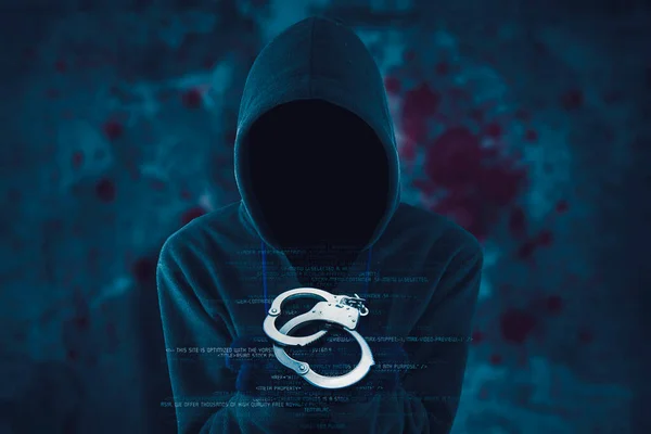 Double Exposure Hooded Hacker Showing Handcuffs His Hands While Standing — Stock Photo, Image