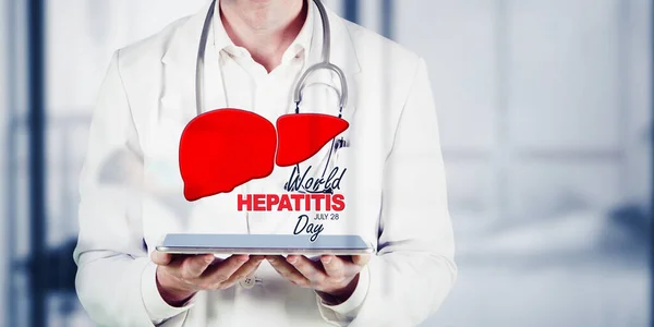 Close Male Doctor Hand Showing World Hepatitis Day Text Liver — Photo