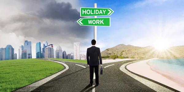 Rear View Businessman Looks Confused Choosing Holiday Work Option Crossroad — Zdjęcie stockowe