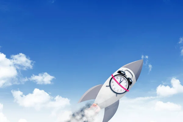 Image Rocket Carrying Alarm Clock While Flying Blue Sky — Fotografia de Stock
