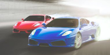 Two racing cars moving fast in the race track with smoke background