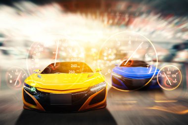 Yarış pistinde hız göstergesi arka planında hızla giden iki spor arabanın iki kez görüntülenmesi.