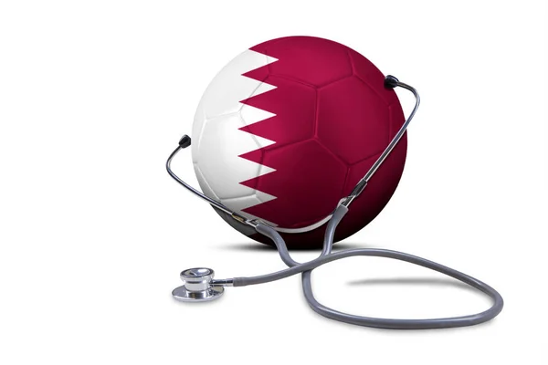 Close Soccer Ball Qatar Flag Wearing Stethoscope Studio Isolated White — Stock Fotó