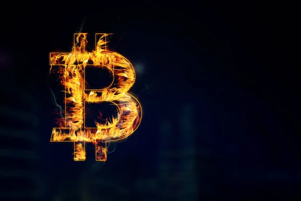 Bild Des Brennenden Bitcoin Symbols Mit Kopierraum Dunklen Raum — Stockfoto