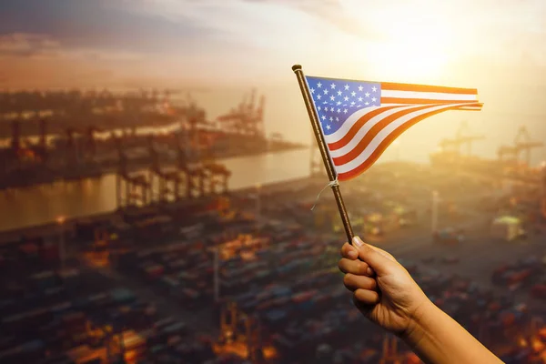 Close Little Girl Waving American Flag Industrial Port Background — Stock Photo, Image