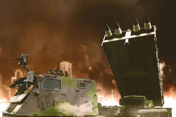 Close Van Raketschip Lanceert Een Raket Het Oorlogsgebied Met Brandende — Stockfoto
